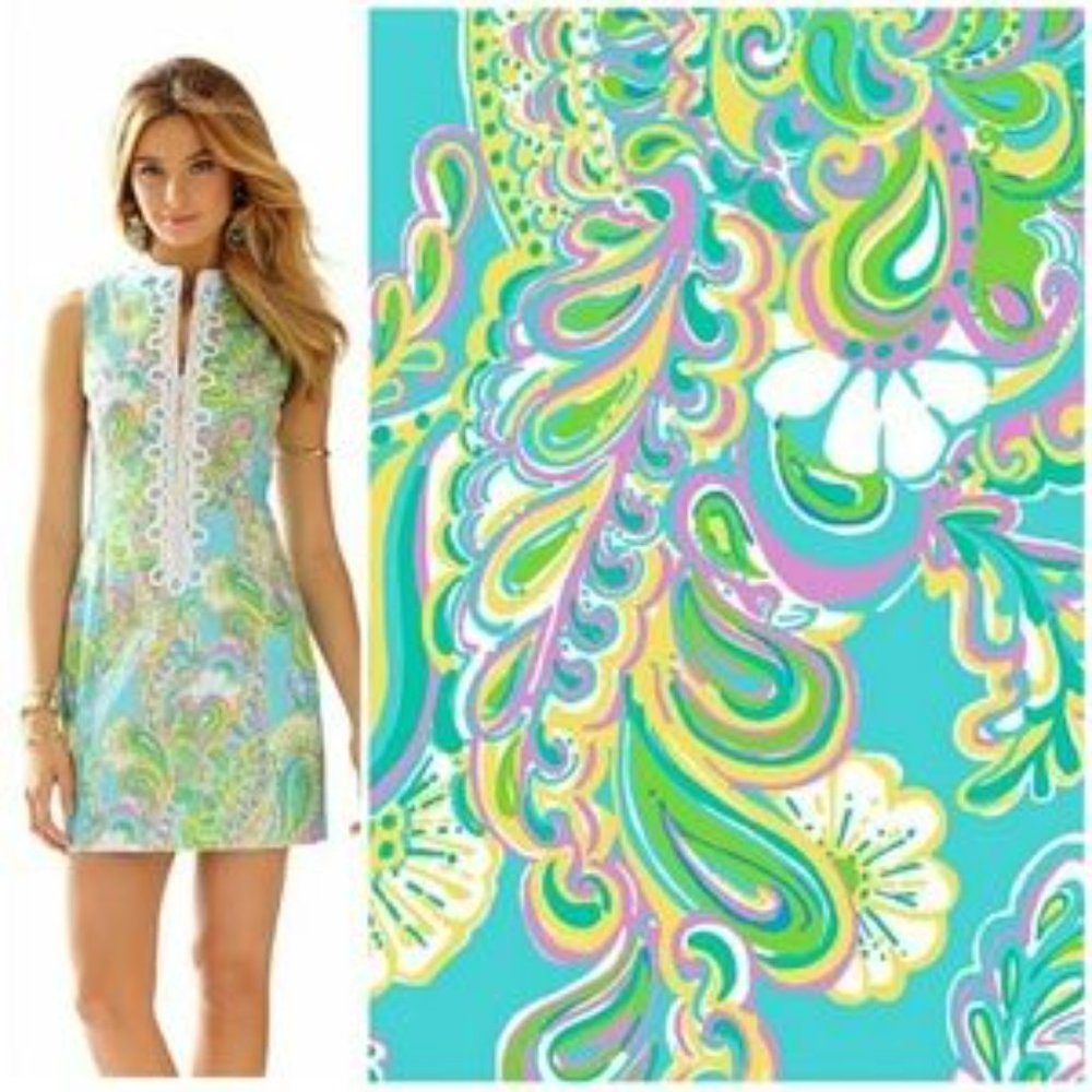 Lilly Pulitzer Turquoise Multi Paisley Shift Dress with White Trim